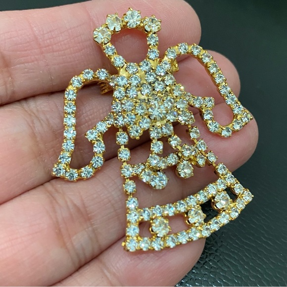 Vintage Unsigned Pave Rhinestones Crystal Gold-tone Angel Christmas Brooch - Picture 7 of 11